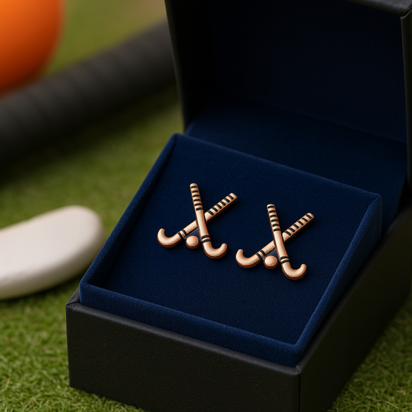 Sportybella field hockey earrings packaged for gifting, great sports jewelry accessory