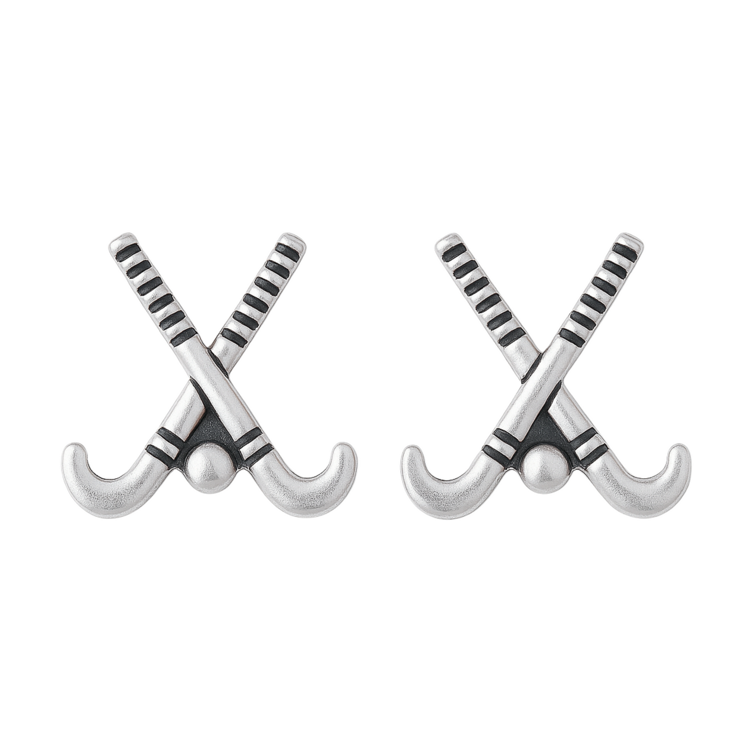 Silver plated field hockey stick stud earrings for athletes and sports lovers