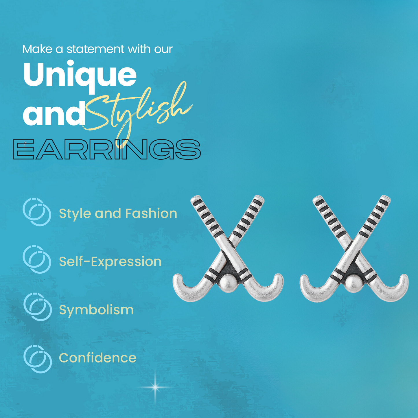 Blue card highlighting features of field hockey earrings, includes silver and rose gold finish options
