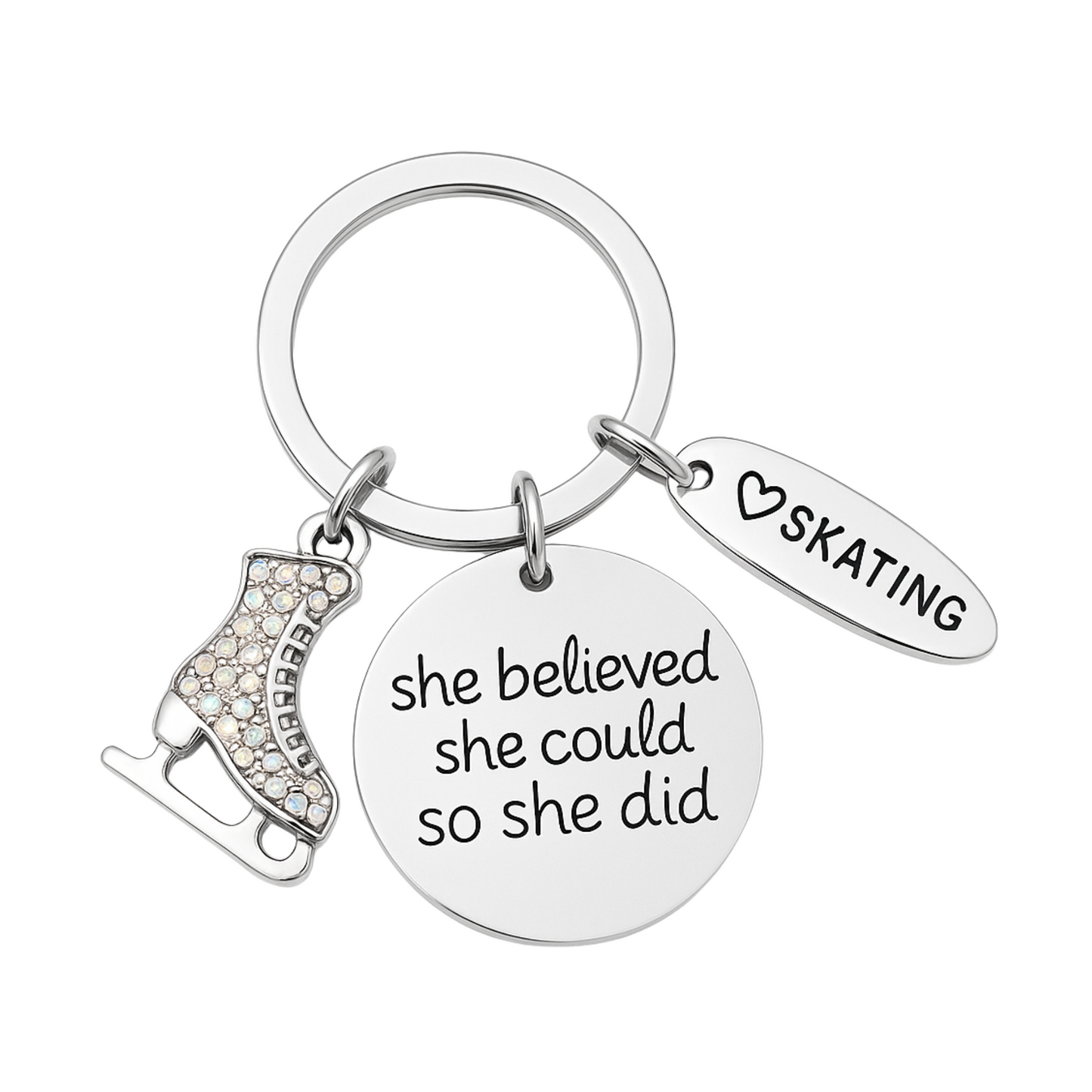 Inspirational silver-plated figure skating keychain with skate charm and quote pendant