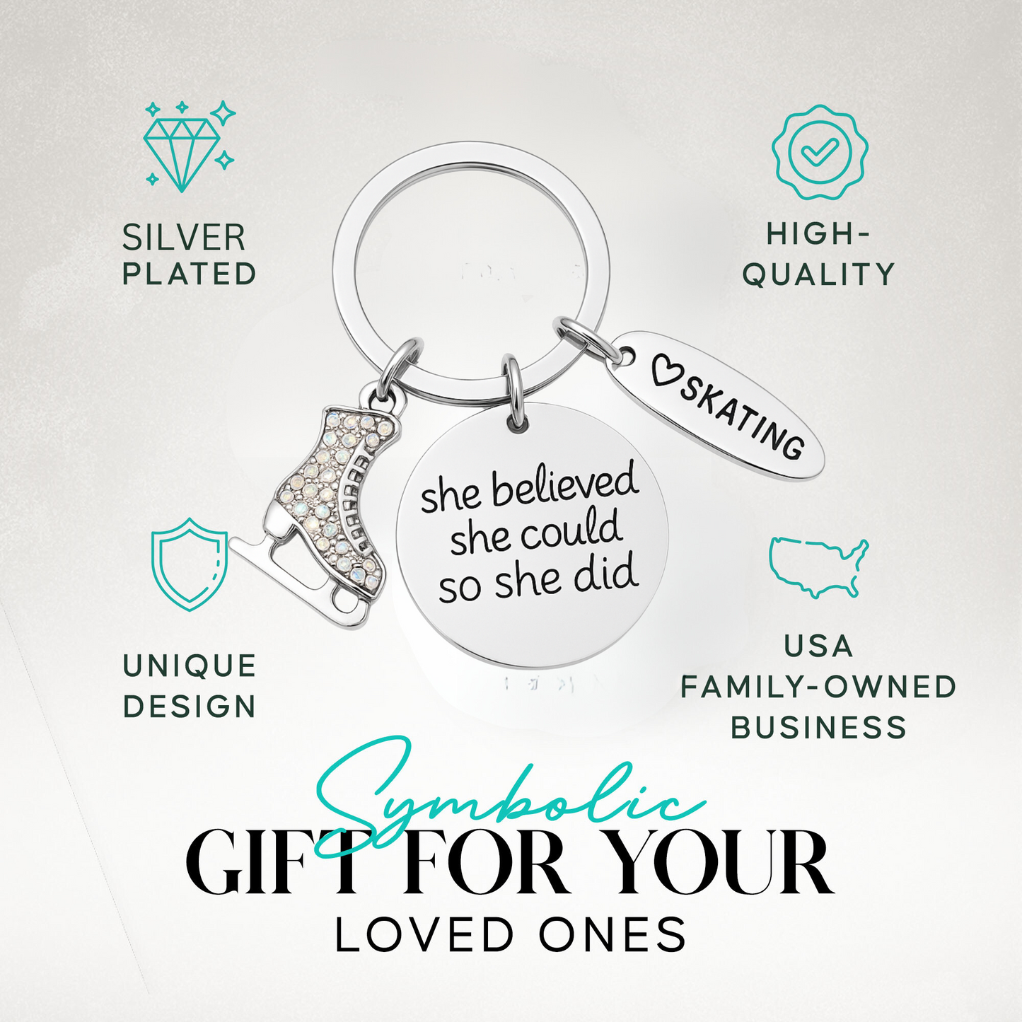 Figure skating charm keychain with inspirational quote in ready-to-gift packaging