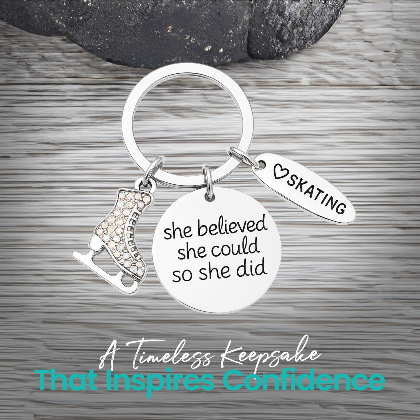 Figure skater inspirational keychain with skate charm and 'She Believed She Could So She Did' pendant