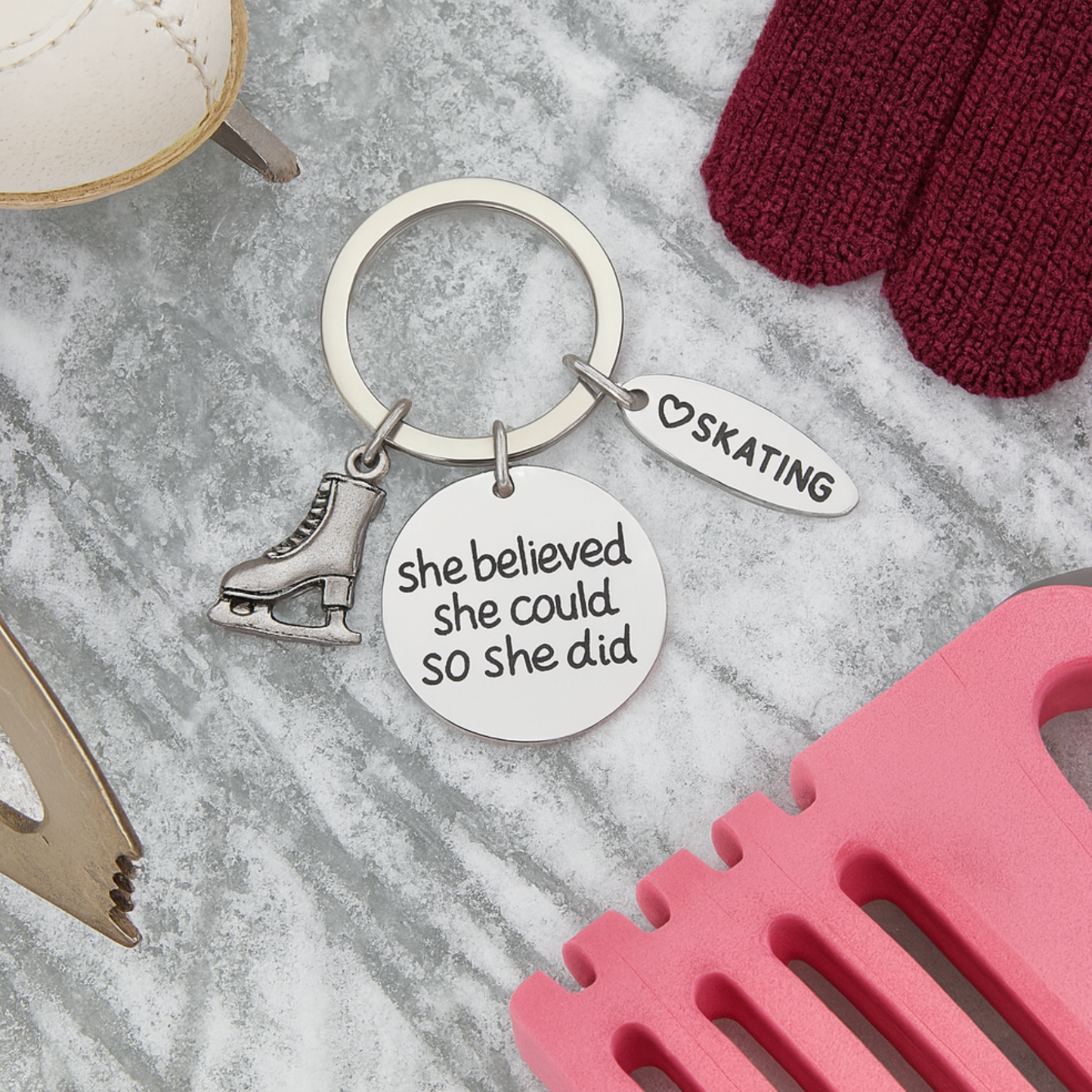 Silver-plated figure skating keychain gift with skate charm and engraved pendant