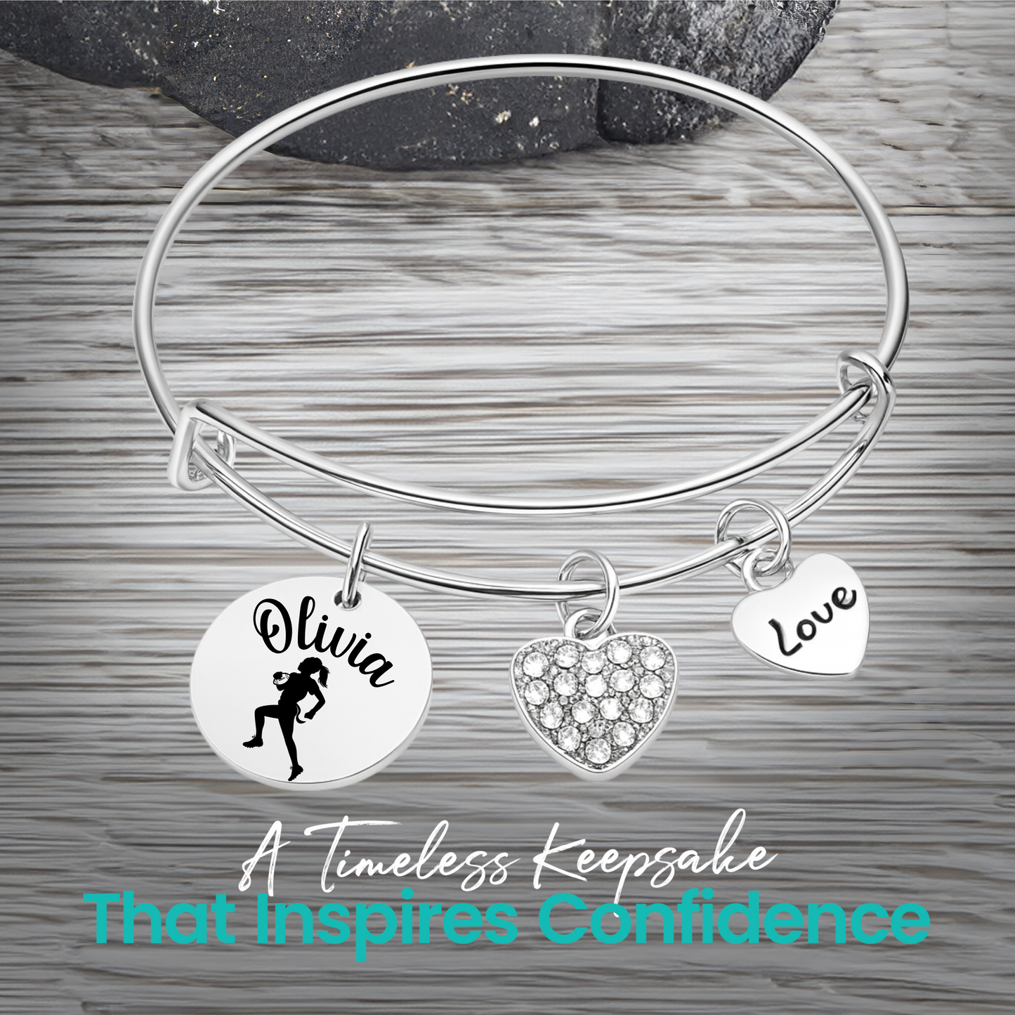 Personalized Flag Football Bangle Bracelet – Custom Name & Heart Charms