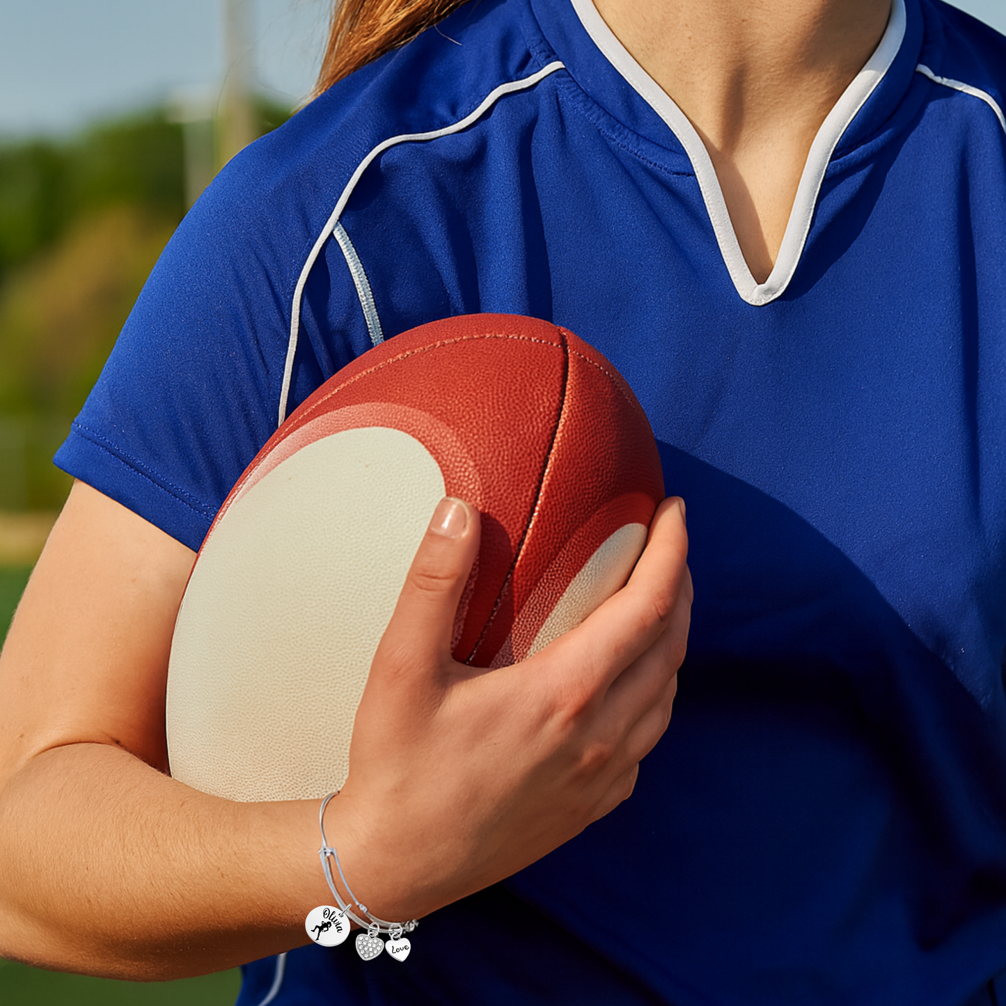 Personalized Flag Football Bangle Bracelet – Custom Name & Heart Charms