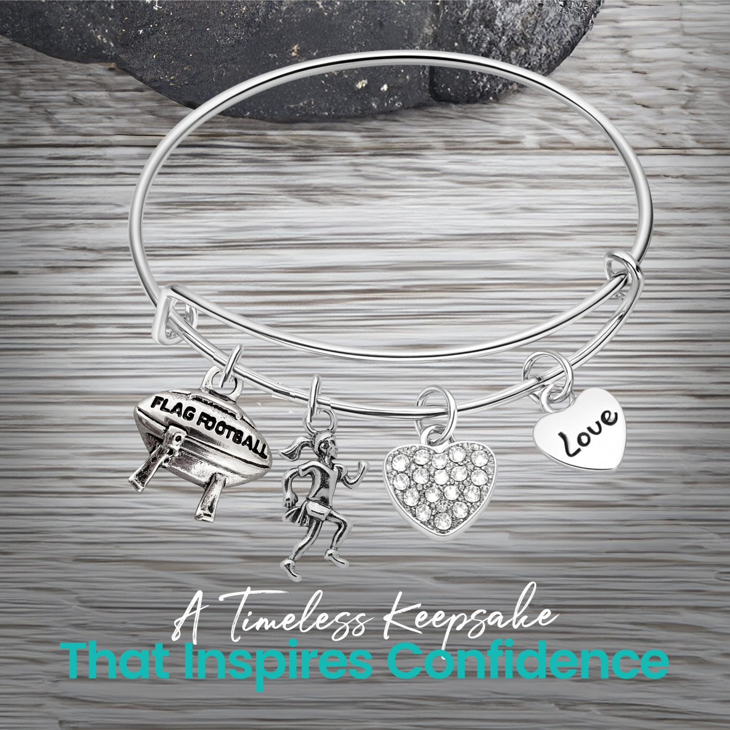 Flag Football Bangle Bracelet – Adjustable Silver Charm Jewelry Gift