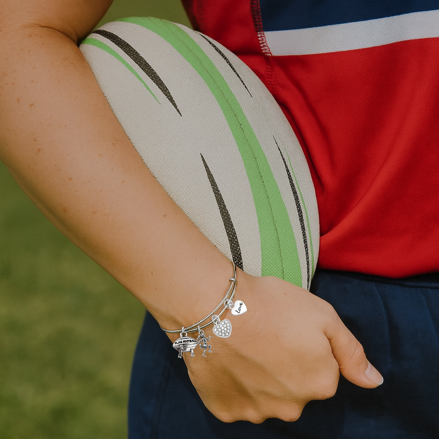 Flag Football Bangle Bracelet – Adjustable Silver Charm Jewelry Gift