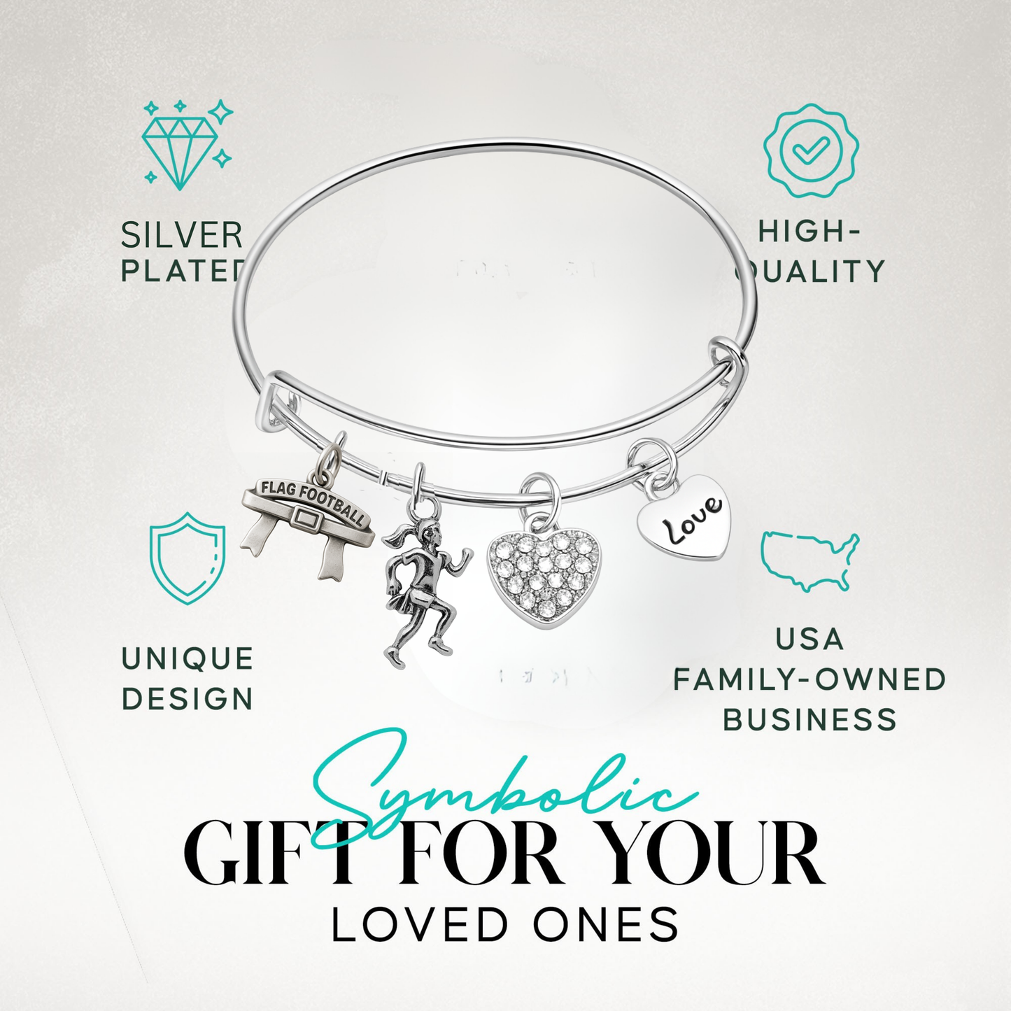 Flag Football Bangle Bracelet – Adjustable Silver Charm Jewelry Gift