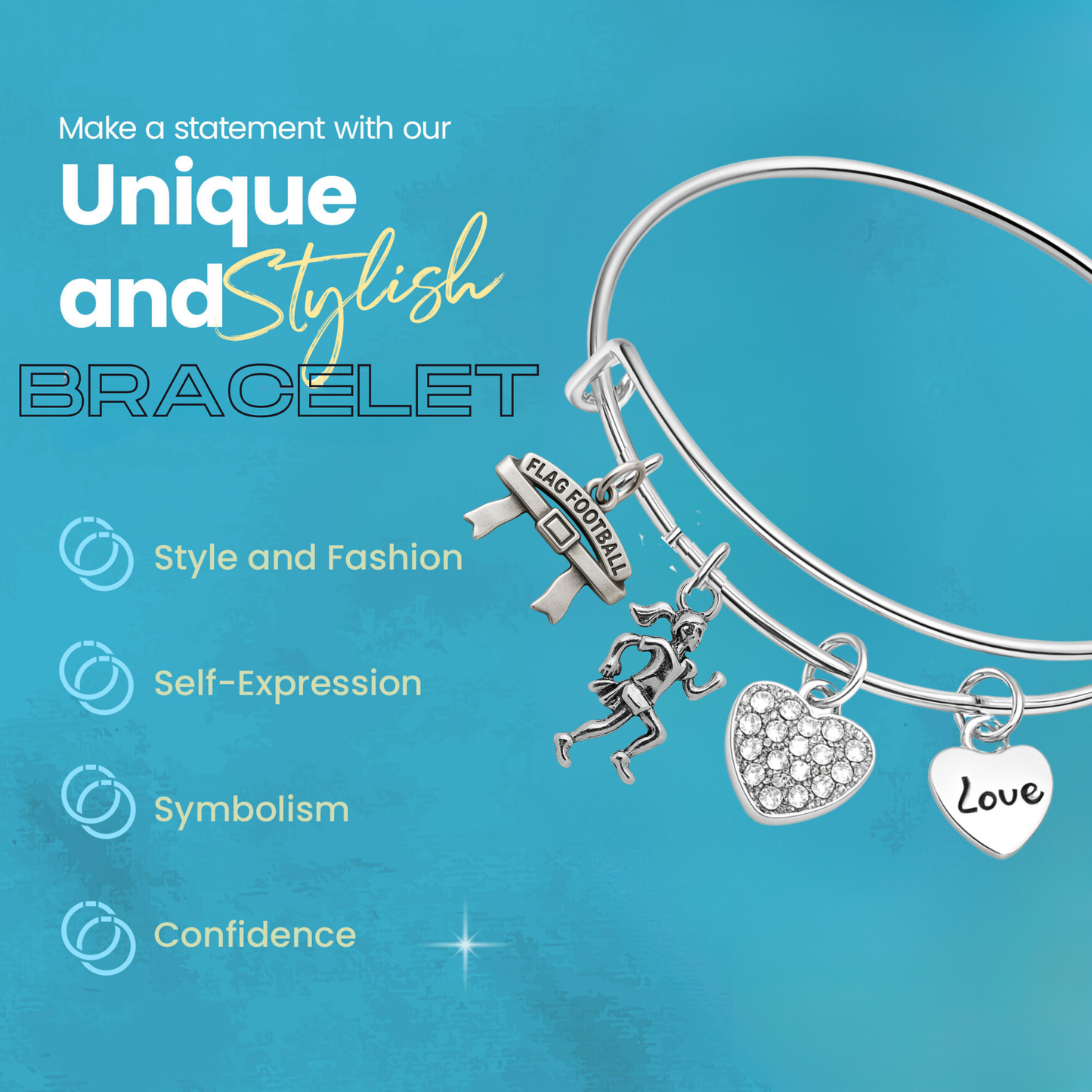 Flag Football Bangle Bracelet – Adjustable Silver Charm Jewelry Gift