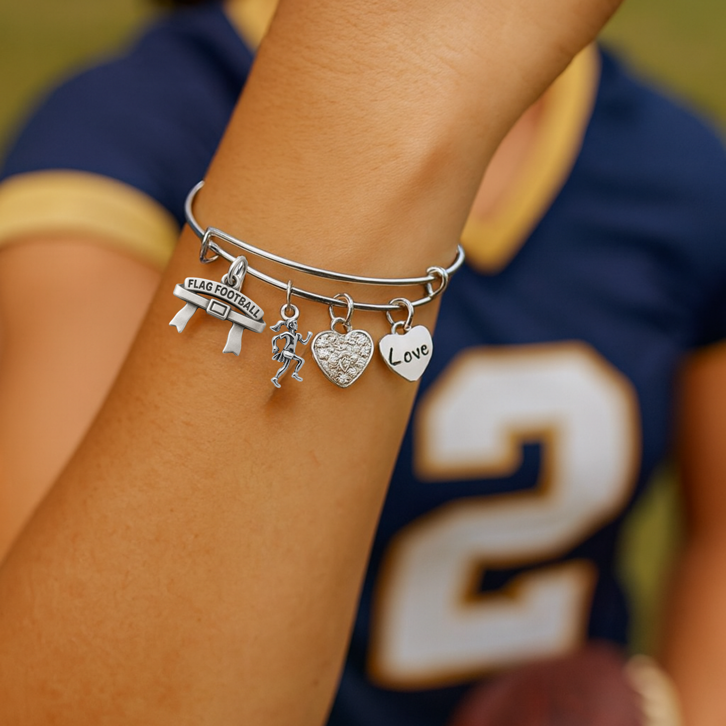 Flag Football Bangle Bracelet – Adjustable Silver Charm Jewelry Gift