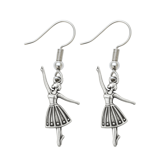Silver-tone ballet dancer dangle earrings with stainless steel hooks for dance lovers and recital gifts