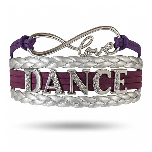 Infinity love dance bracelet with purple, silver, and white braided bands and rhinestone "DANCE" charm, perfect for dancers and teams