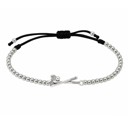 Silver beaded golf bracelet with crossed club and ball charm on adjustable black cord