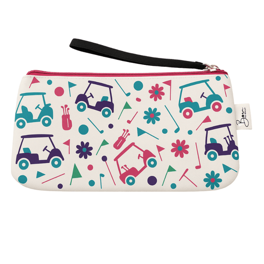 Stylish golf wristlet featuring colorful golf carts and patterns, ideal for on-the-go golf accessories and gifts.