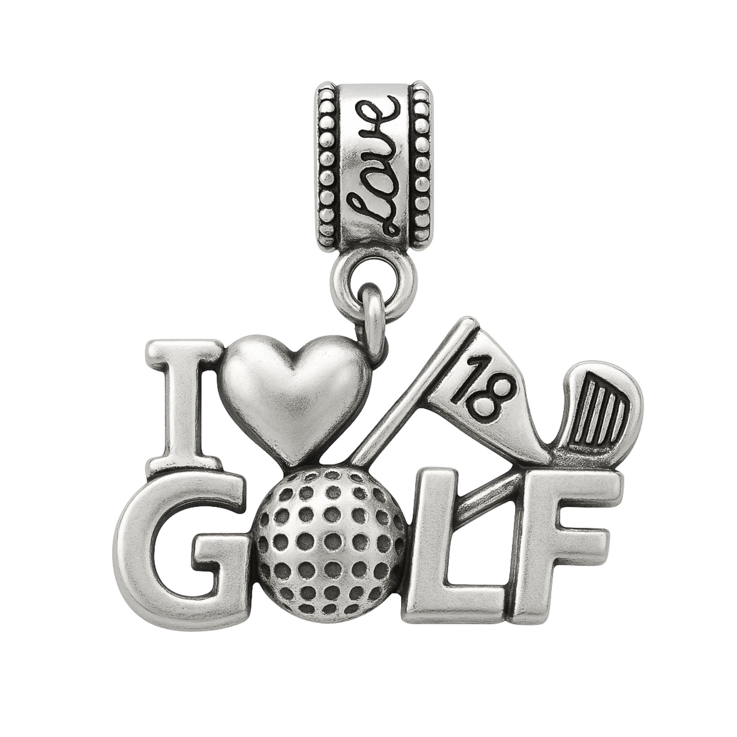 “I ❤️ GOLF” stainless steel charm bead with golf ball and club design for Pandora-style bracelets