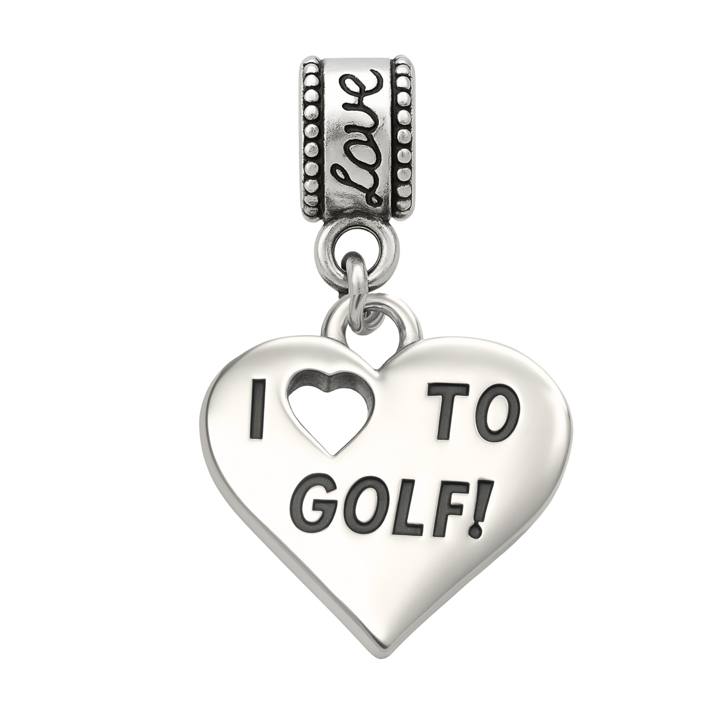 Heart-shaped “I ❤️ TO GOLF!” charm with polished finish and engraved bead bail