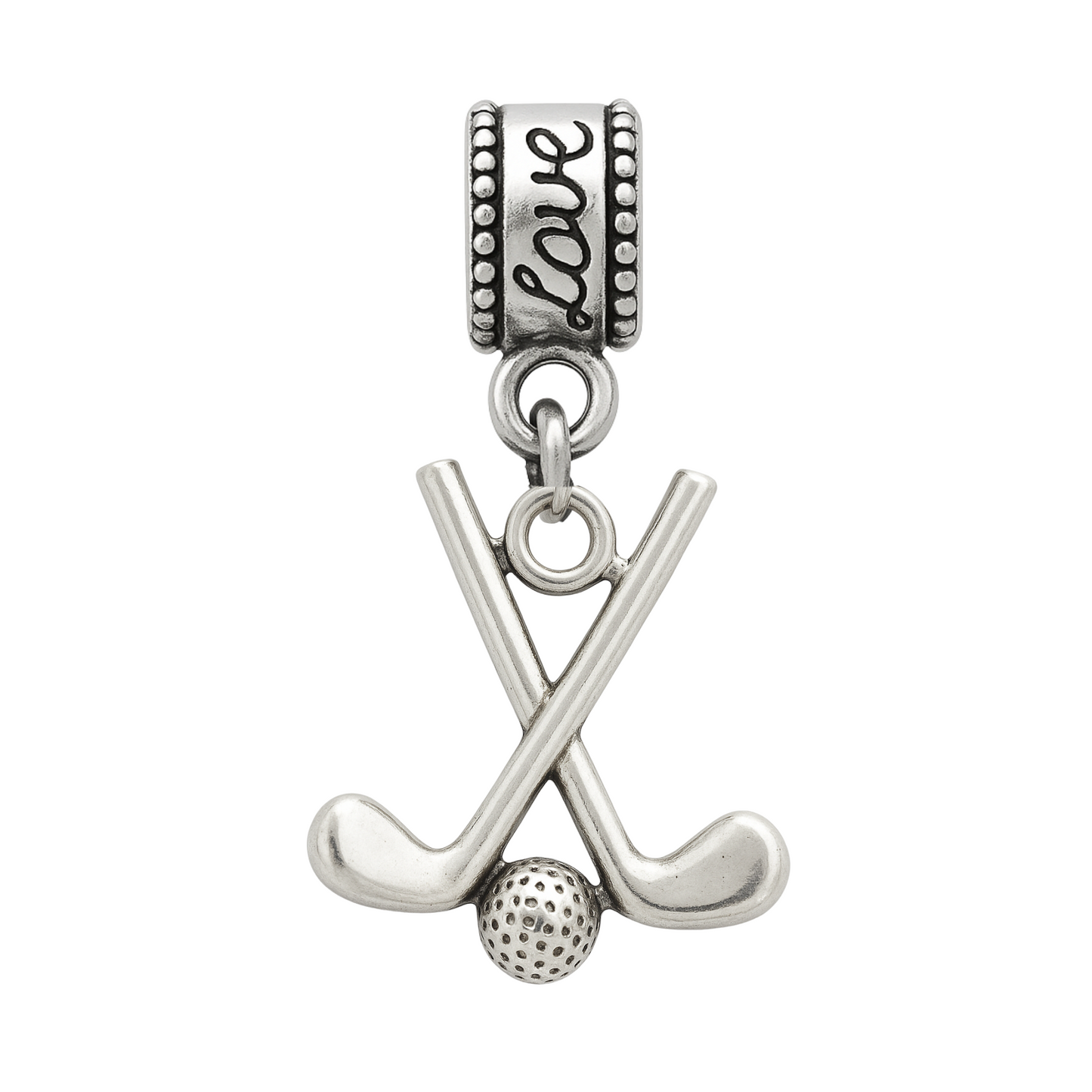 Product features image on a blue background showing “I ❤️ TO GOLF” charm with stainless steel details