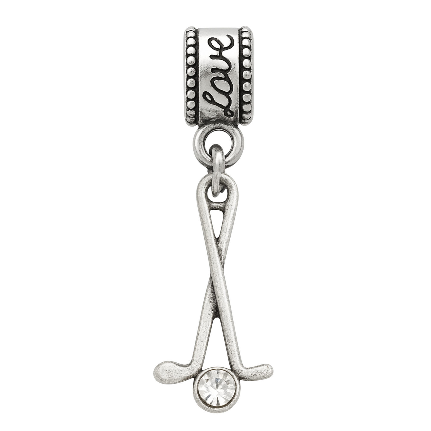 Lifestyle image of “I ❤️ GOLF” charm worn on a black bracelet, perfect for golf fans on the go