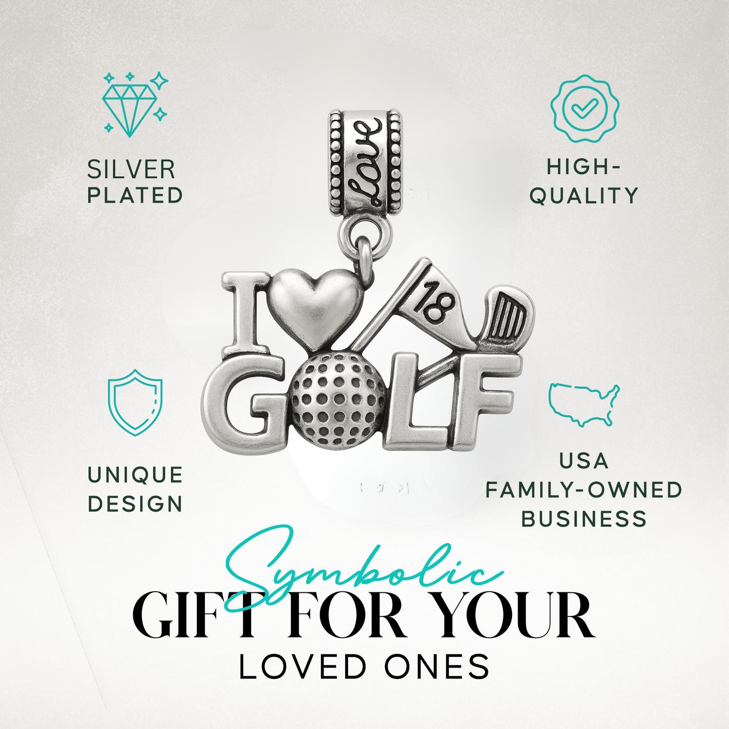 Golf charm bead attached to a pink bracelet, showing compatibility with Pandora and similar styles
