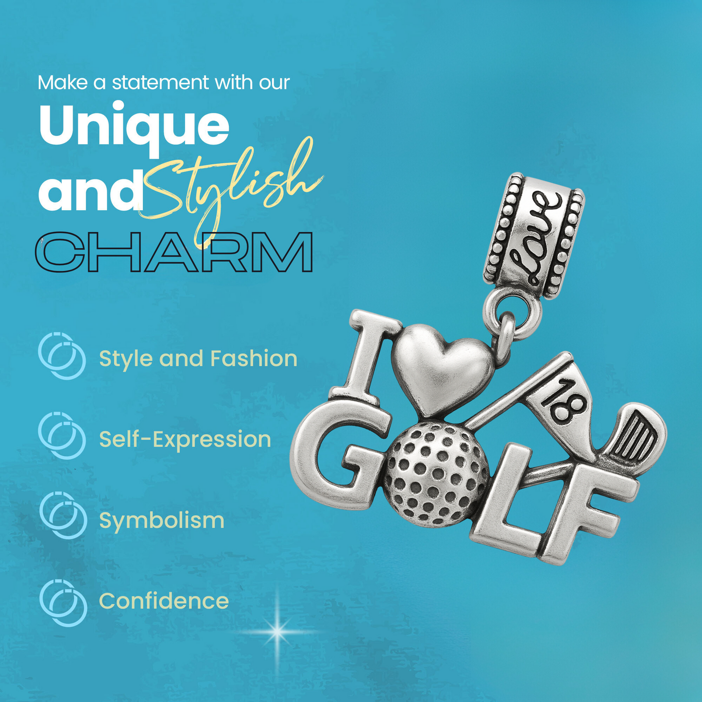 Minimalist golf club charm bead featuring detailed crossed club design for sports jewelry