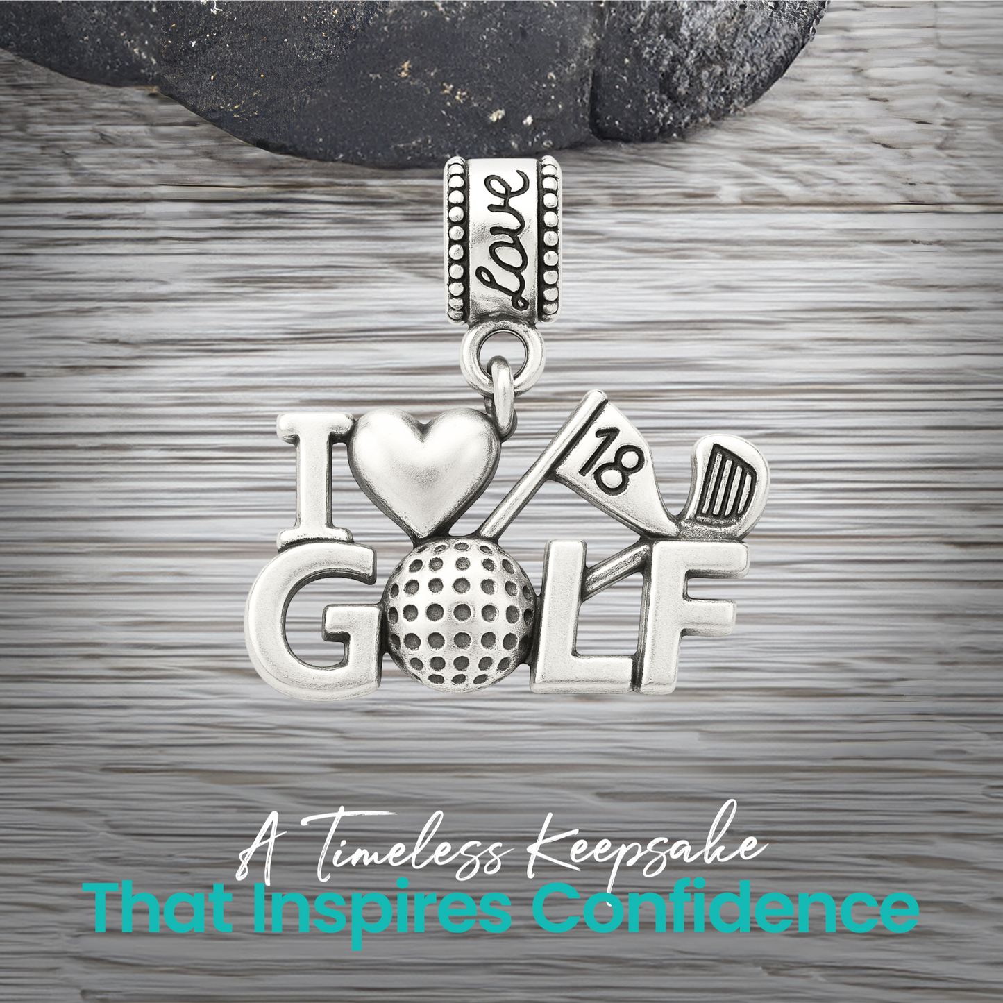 Crossed golf clubs charm bead with clean stainless steel finish and engraved bail