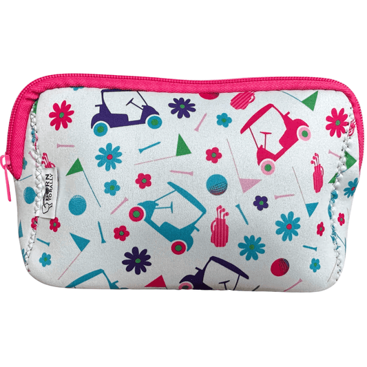 Golf Pink Cosmetic Bag with colorful golf cart pattern, perfect golf gift for enthusiasts and accessories lover.