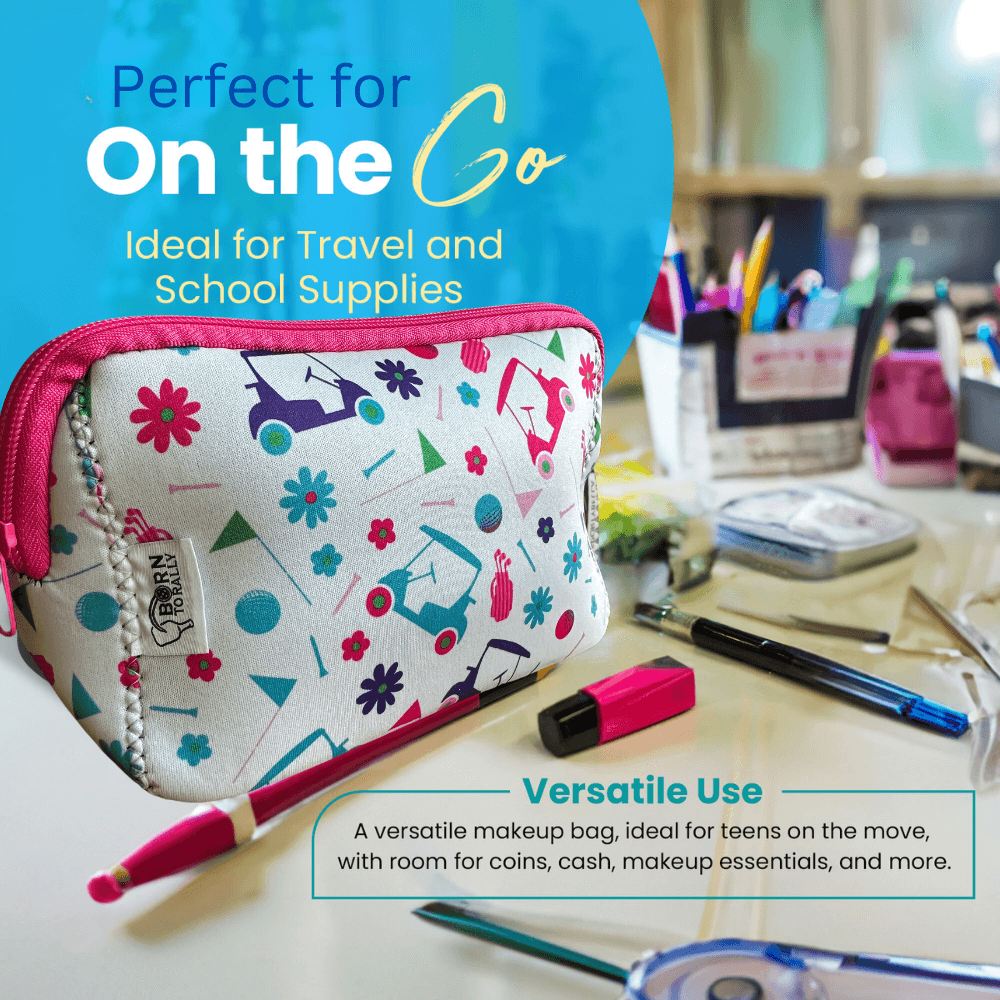 Colorful cosmetic bag for travel and school supplies, ideal for makeup, coins, and essentials on the go.