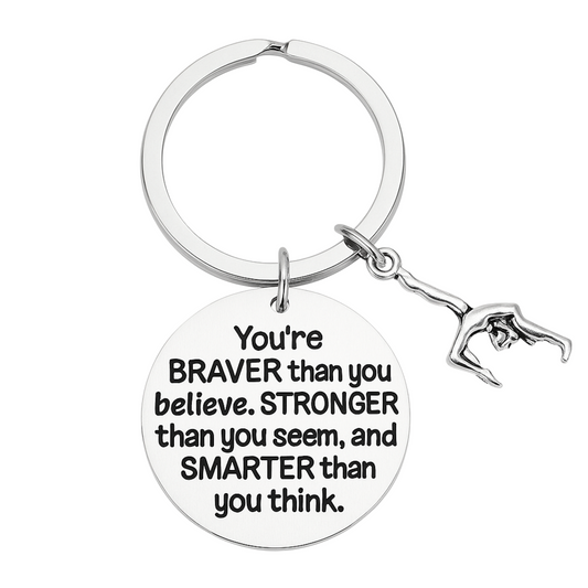 Gymnast keychain with engraved quote "You're braver than you believe, stronger than you seem, and smarter than you think" and silver gymnast charm