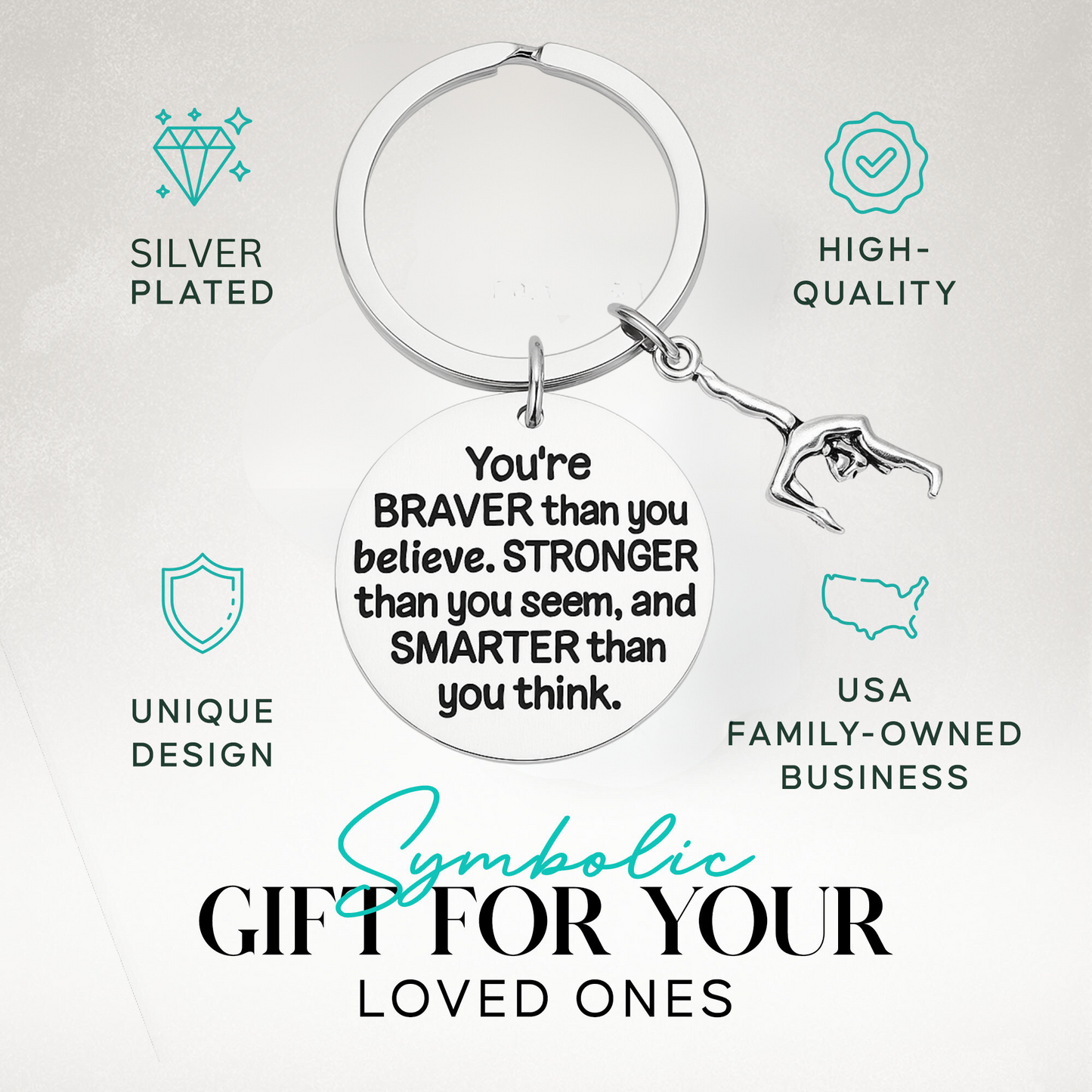 Inspirational gymnastics keychain featuring motivational message and gymnast silhouette charm, perfect for girls and coaches