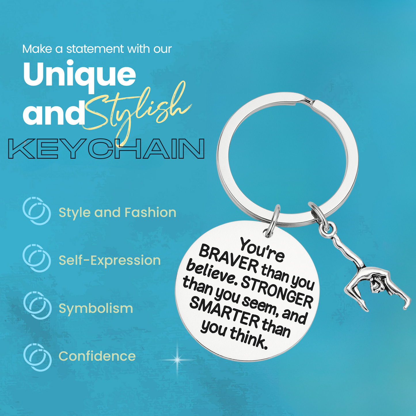 Empowering quote keychain for gymnasts with silver-plated finish and symbolic gymnast charm, great team or competition gift