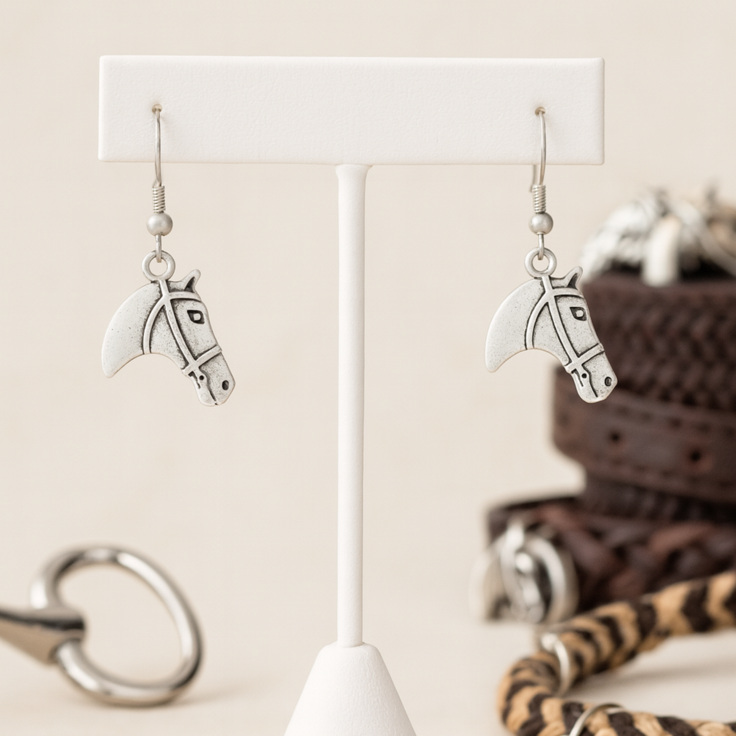 Horse head charm earrings with silver finish hanging from jewelry display stand