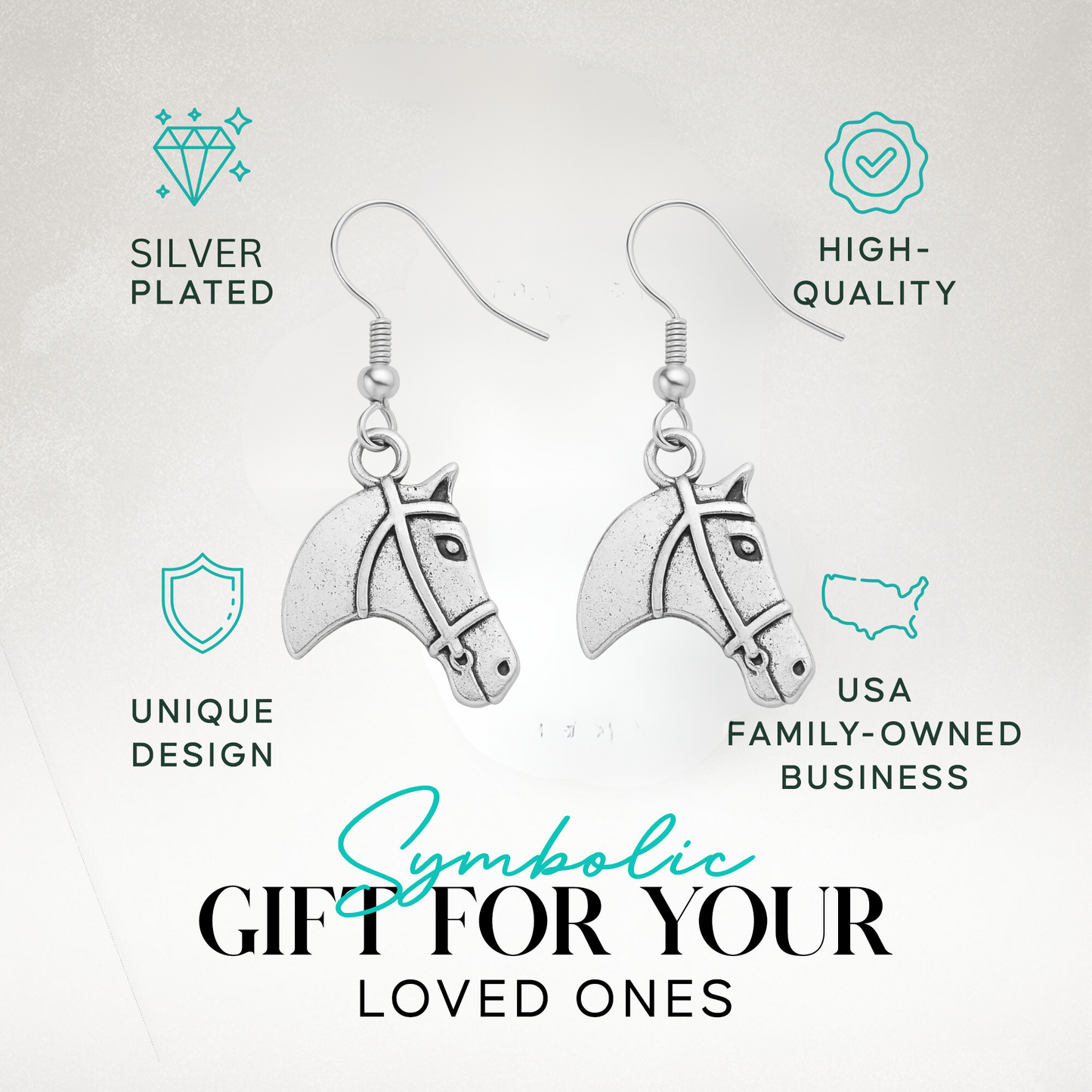 Silver horse head dangle earrings packaged on gift-ready display card for cowgirls and equestrians