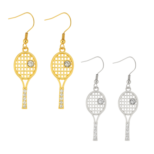 Gold and silver tennis racket rhinestone dangle earrings for tennis lovers