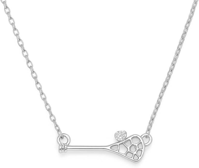 Lacrosse stick pendant necklace with sparkling CZ ball, ideal girls lacrosse gift for players and coaches.