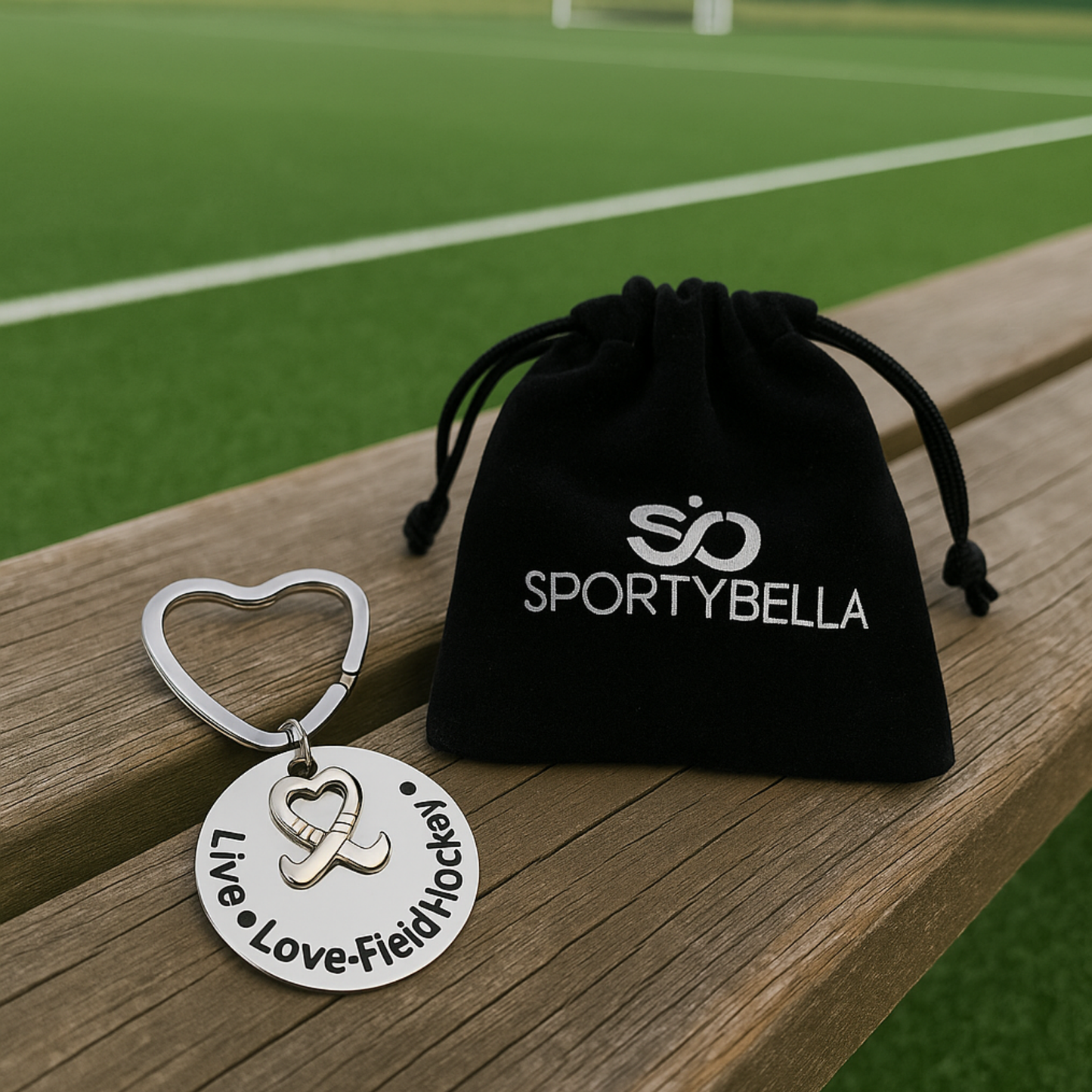 Field hockey keychain with gift pouch displayed on turf with ball and Sportybella bag