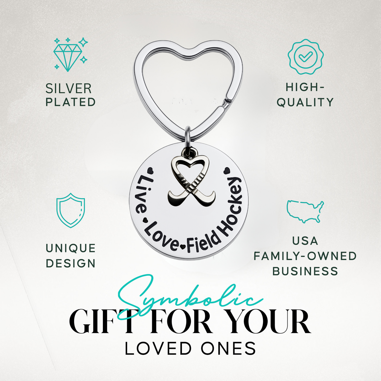 Live Love Field Hockey keychain in gift-ready packaging with charm and heart ring