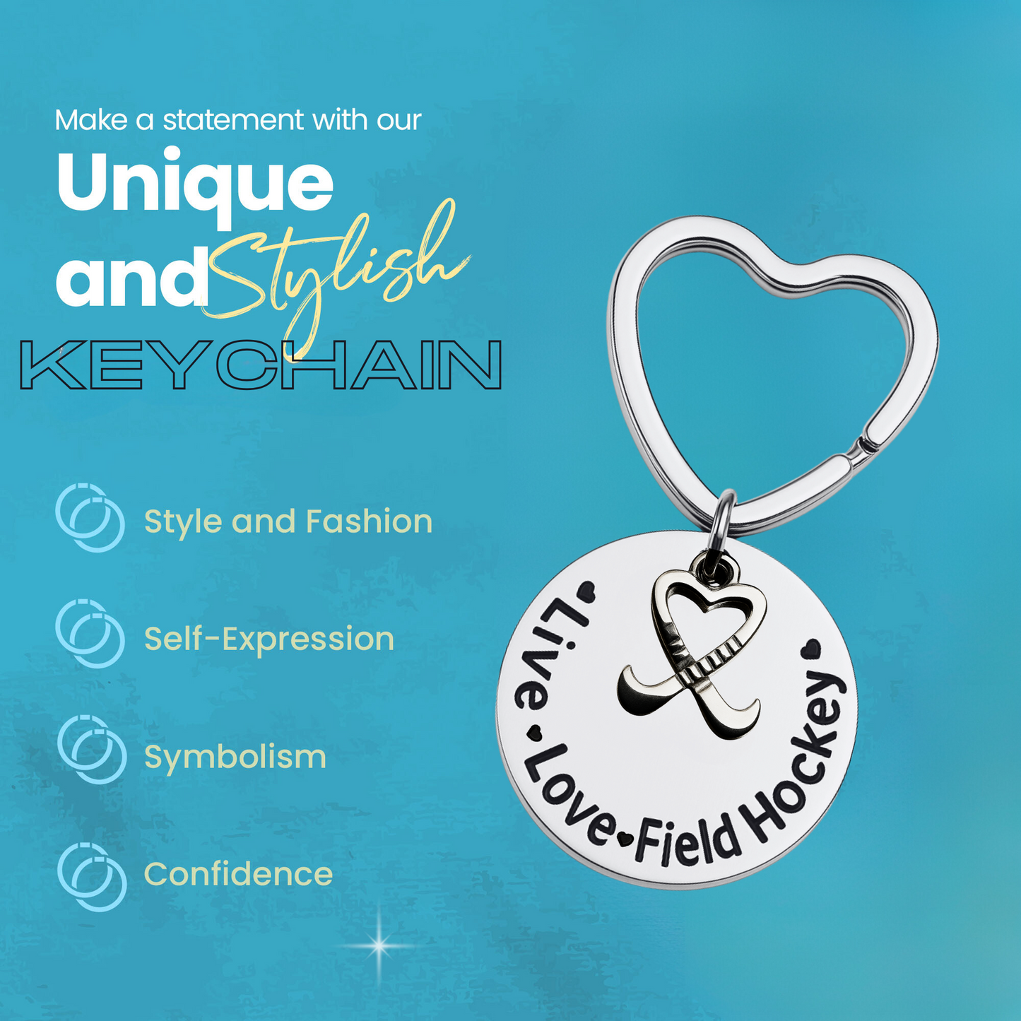 Close-up of field hockey keychain packaging with inspirational message and product details