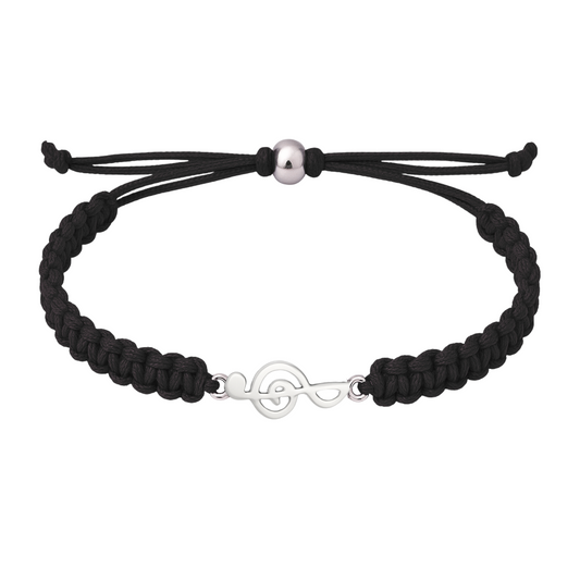 Black rope bracelet featuring a silver music note charm with a secure slip-knot closure