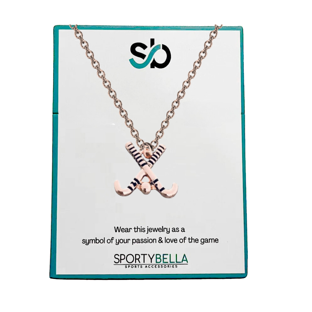 Rose gold field hockey necklace with cross sticks charm on velvet card – ideal gift for sports girls