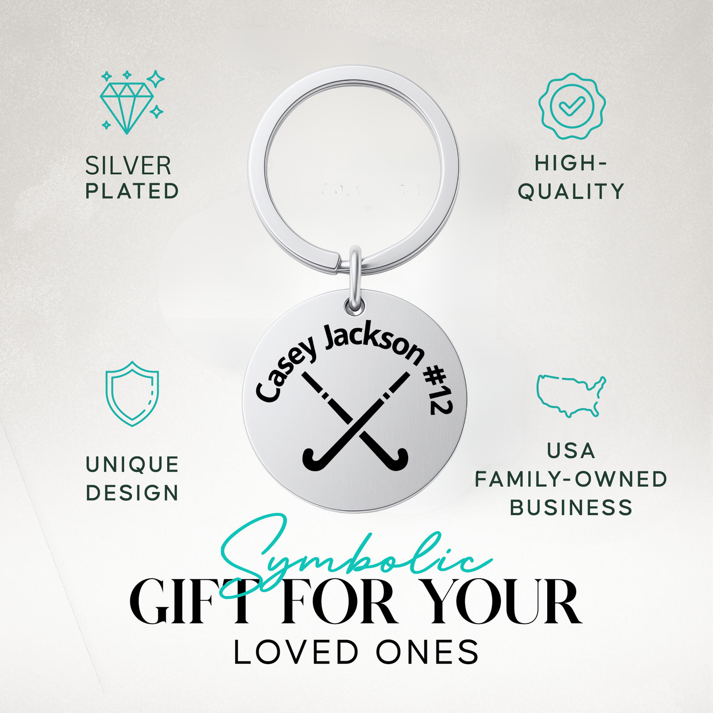 Engraved stainless steel field hockey keychain in Sportybella gift-ready packaging