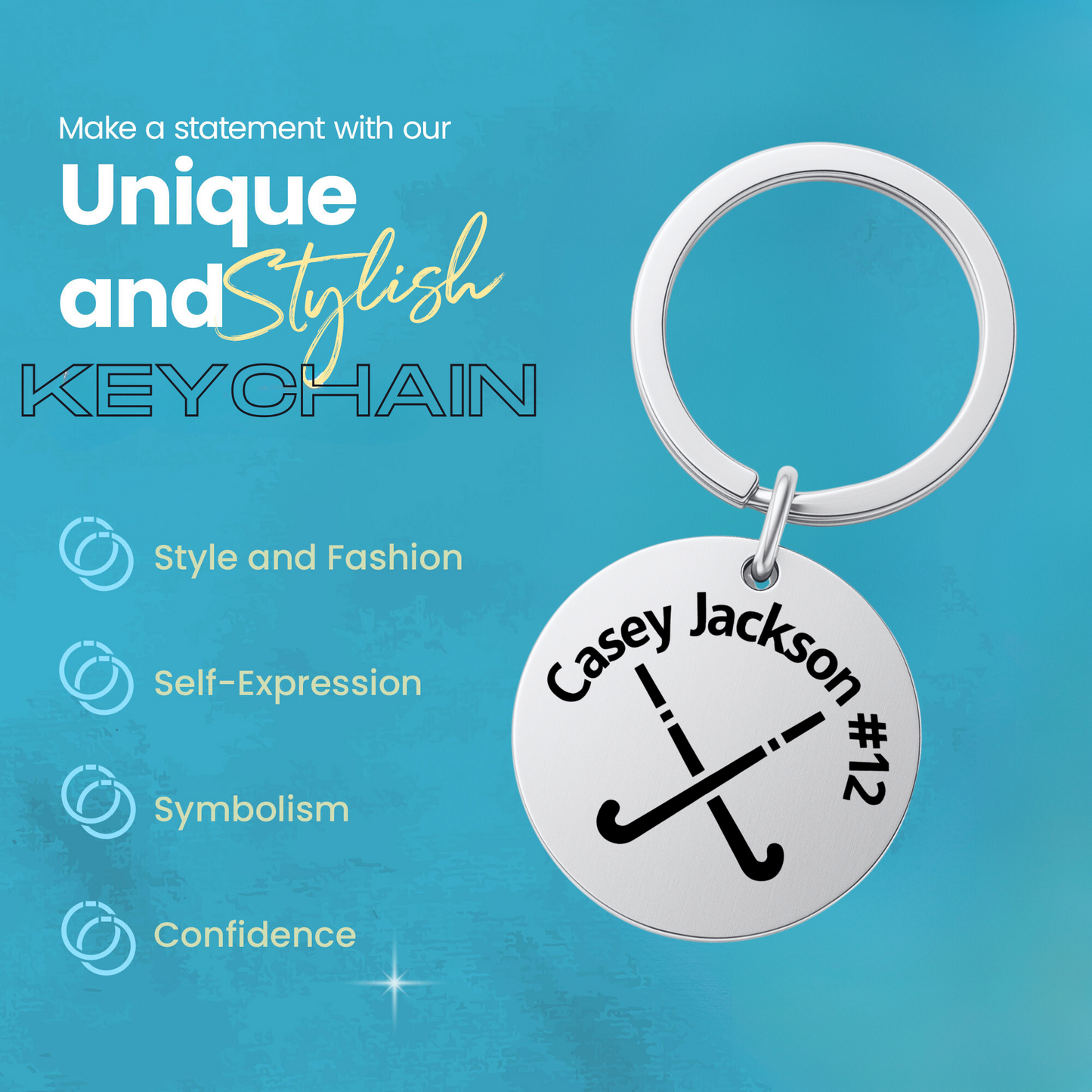 Personalized field hockey keychain shown on turquoise background with product care icons