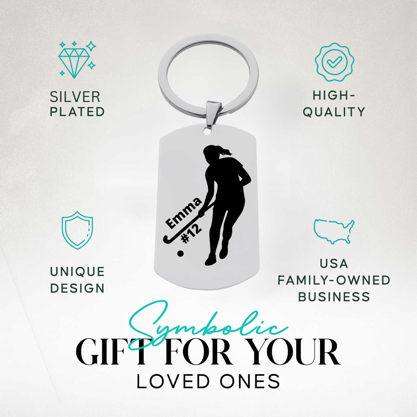 Custom engraved field hockey player silhouette keychain with text highlighting perfect gift idea