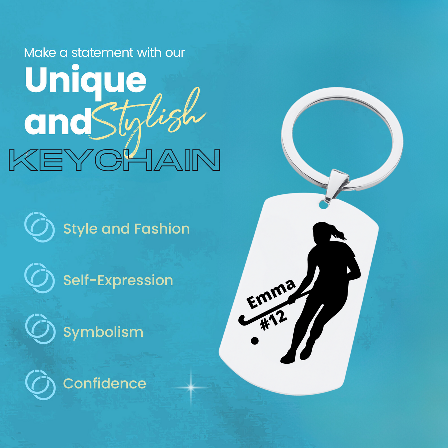 Field hockey player silhouette engraved keychain with icons for stylish, durable, and customizable sports accessory