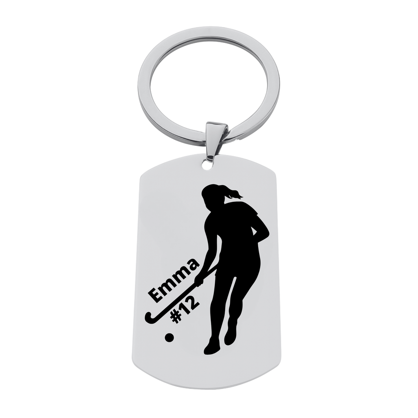 Stainless steel engraved field hockey player keychain with silhouette design and custom name and number
