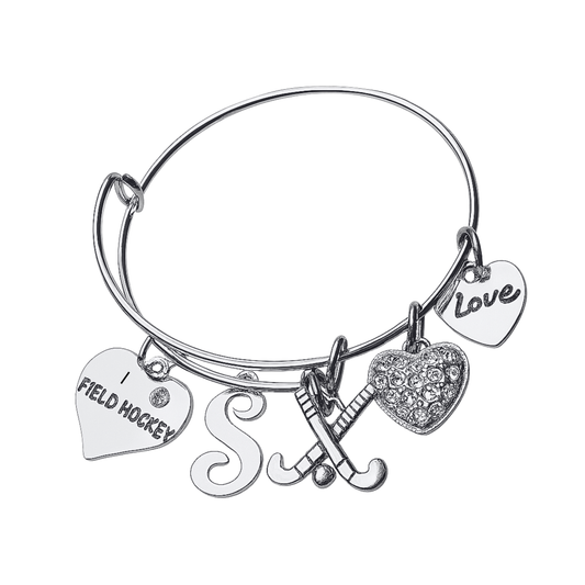 Silver adjustable field hockey bangle bracelet with letter charm, crossed sticks charm, and engraved heart charms