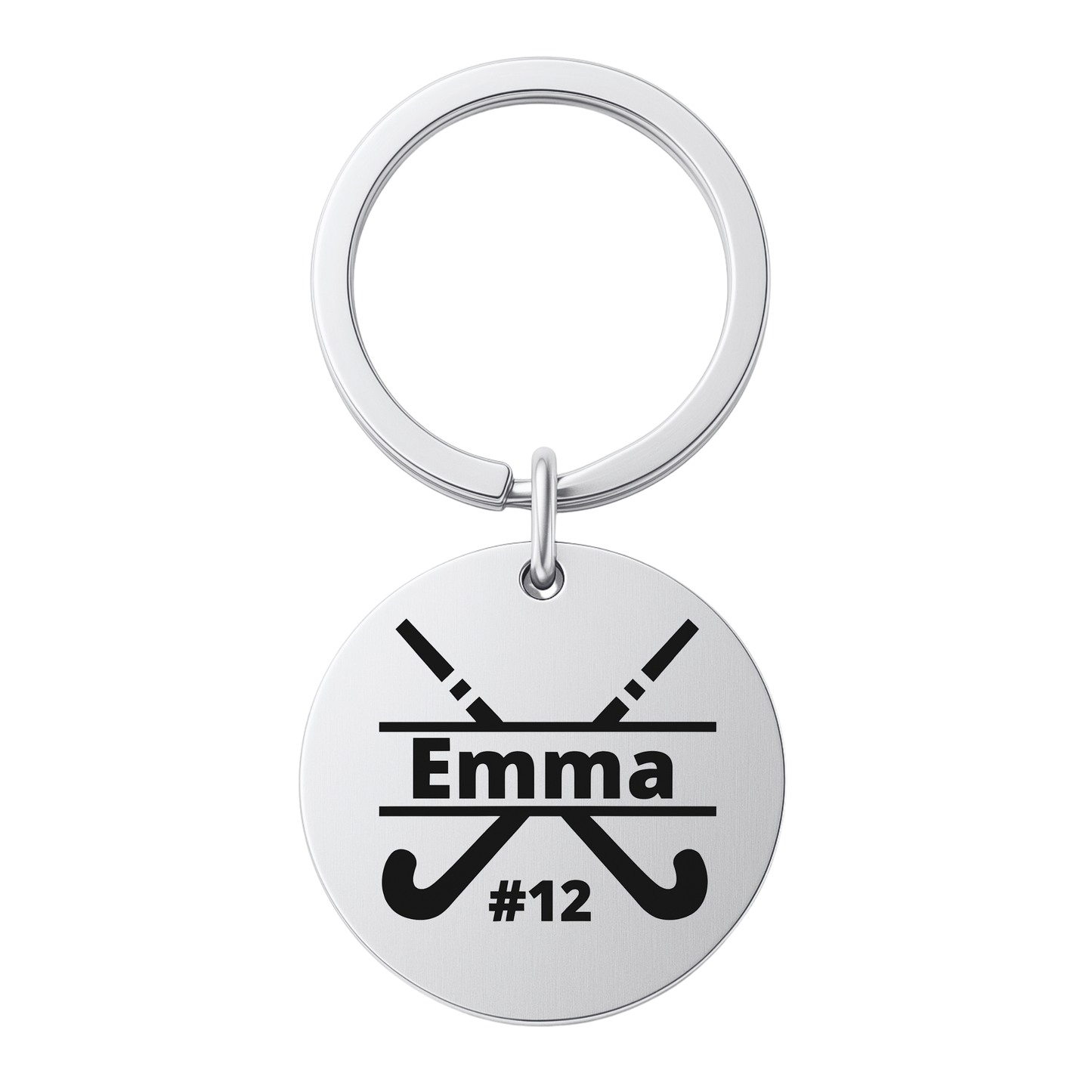 Stainless steel field hockey stick keychain engraved with name on white background