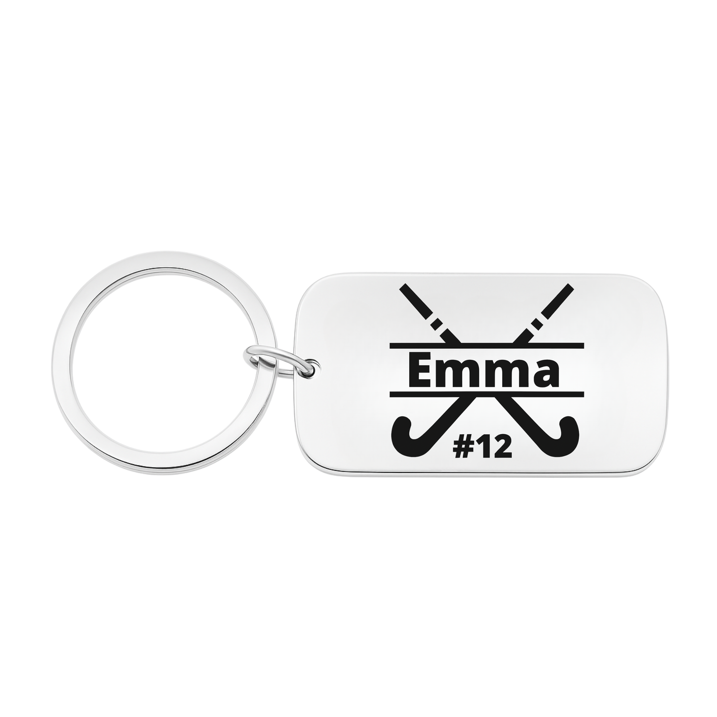 Engraved stainless steel field hockey keychain with name and number on white background