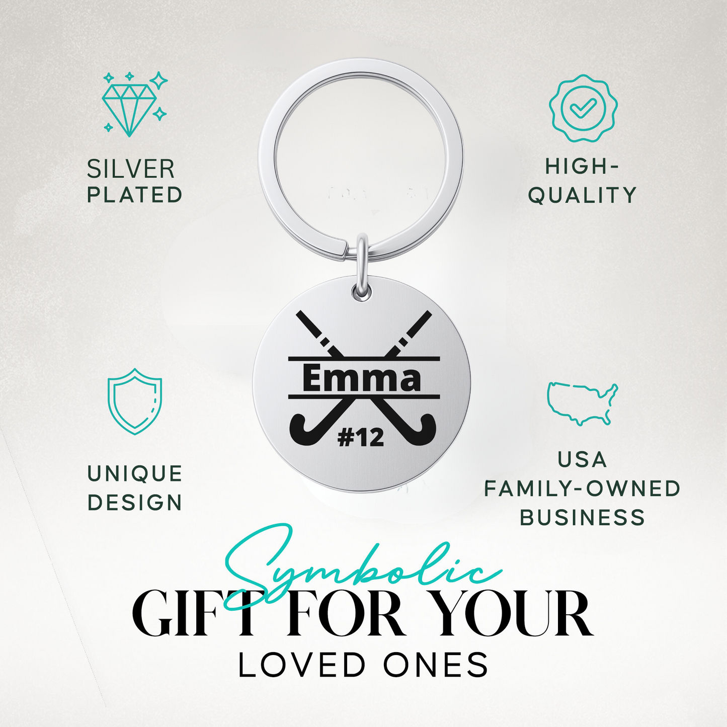 Personalized field hockey stick keychain in Sportybella gift packaging