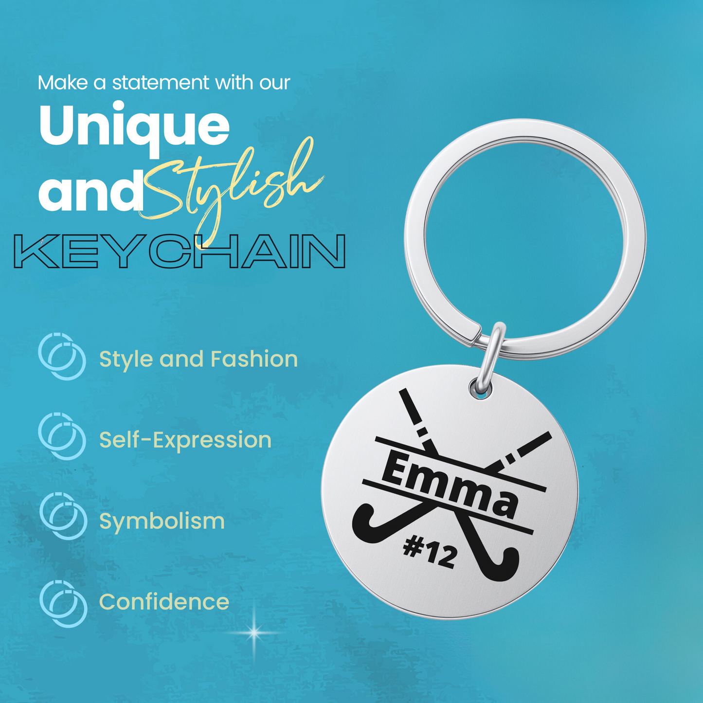 Custom name field hockey stick keychain shown on blue background