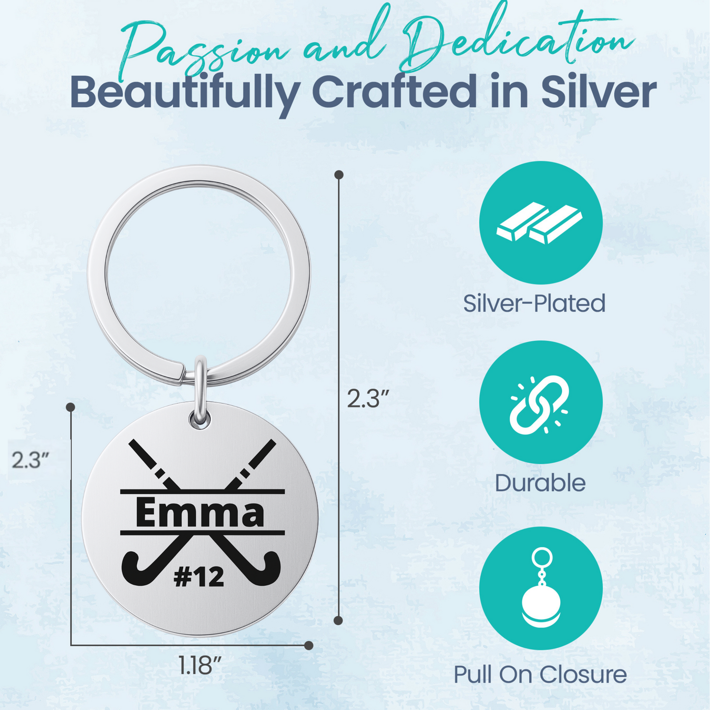 Field hockey keychain with engraved name displayed on turquoise background with product features